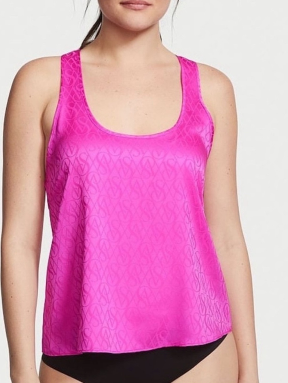 Victoria's Secret Satin Racerback Sleep Lounge Tank Top in Pink Sz M AOP VS Logo